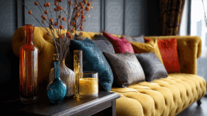 Colorful Throw Pillows and Vases on a Yellow Sofa in a Stylish Living Room