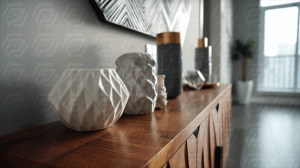 Geometric Ceramic Vases on Wooden Sideboard in Modern Apartment