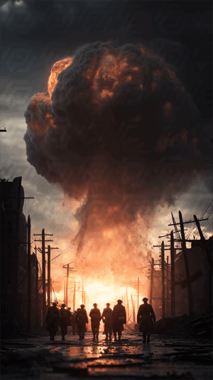 Soldiers Walking Through a Destroyed City as a Massive Explosion Erupts