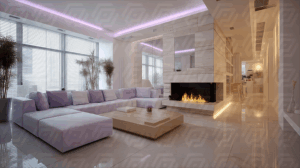 Minimalist Living Room with Fireplace and Lavender Lighting