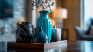 Colorful Ceramic Vases and Décor on Wooden Tray in Warm Living Room