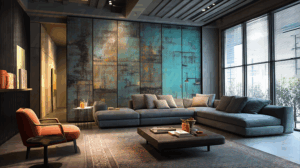 Industrial Loft Living Room With Sectional Sofa And Turquoise Wall