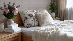 Cozy Minimalist Bedroom with Floral Accents and Soft White Textiles