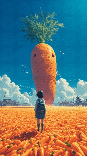 Surreal Giant Carrot In Field With Girl Under Blue Sky