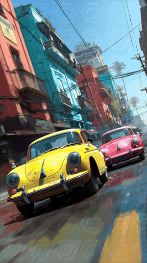 Vintage Sports Cars Racing Through Colorful Urban Streets