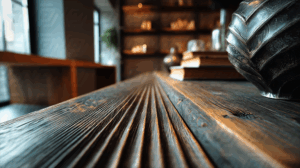 Close-Up of Rustic Wooden Table with Books and Sculptural Décor