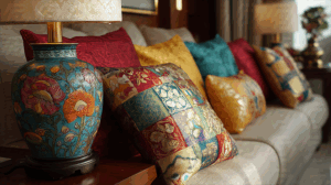 Colorful Decorative Pillows And Floral Vase On Sofa