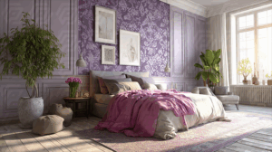 Elegant Lavender Bedroom with Purple Wallpaper and Cozy Bedding