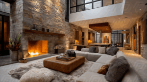 Luxury Loft Living Room with Stone Fireplace and Modern Decor