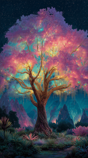 Glowing Fantasy Tree With Rainbow Leaves And Twilight Sky