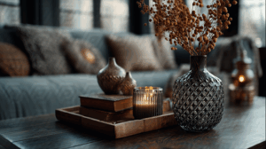 Glass Vase with Dried Flowers and Candle on Wooden Coffee Table