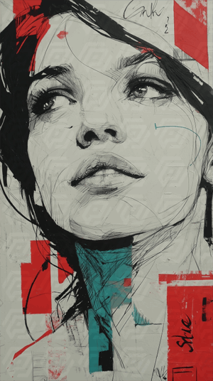 Artistic Portrait Of A Woman With Abstract Red And Teal Accents