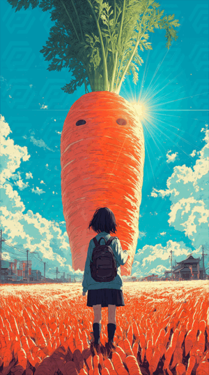 Girl Standing in Front of Giant Carrot Under Bright Sky