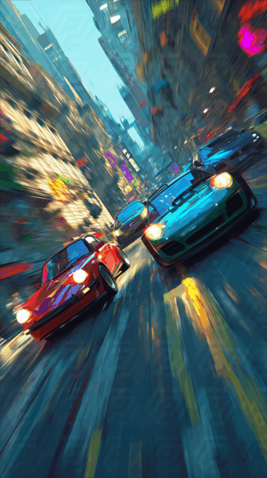 Sports Cars Racing Through Futuristic City Streets
