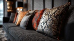 Luxury Velvet and Brocade Cushions on Designer Sofa