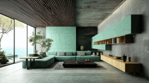 Modern Oceanfront Living Room With Mint Green Accents