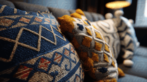 Colorful Decorative Throw Pillows on Dark Sofa