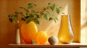 Bright Orange Vases And Greenery On Shelf