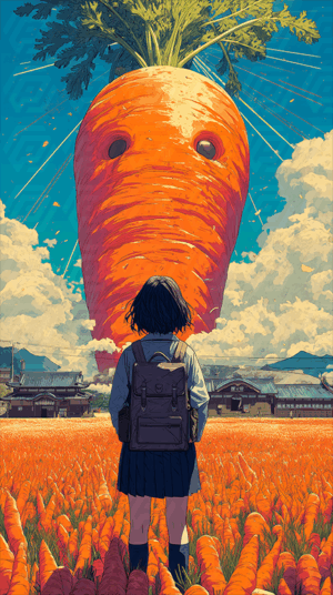 Girl Facing Gigantic Carrot in Surreal Field