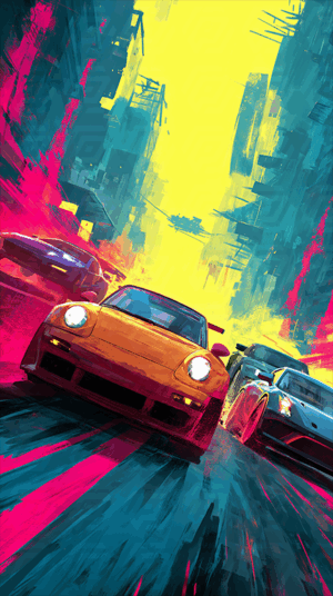 Stylized Neon Car Chase With Urban Cyberpunk Backdrop
