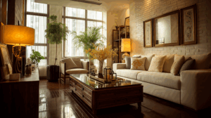 Sunlit Elegant Living Room With Indoor Plants and Warm Tones