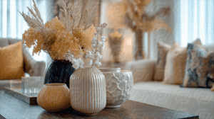 Close-Up of Decorative Vases and Dried Floral Arrangement on Coffee Table