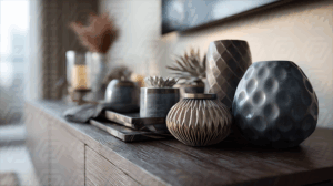 Modern Decorative Vases and Home Accents on Wooden Console