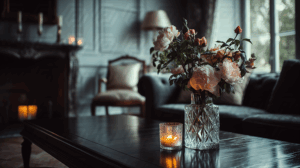 Elegant Floral Arrangement And Candle On Dark Table