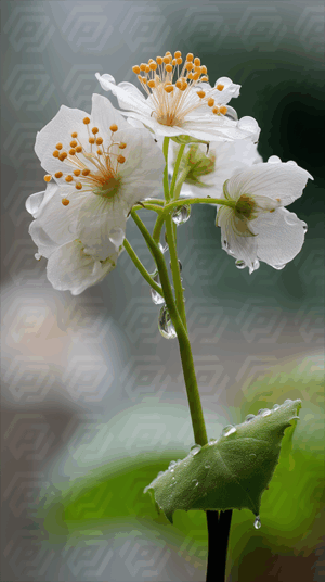 Fresh White Flowers With Dew Drops on Lush Leaves
