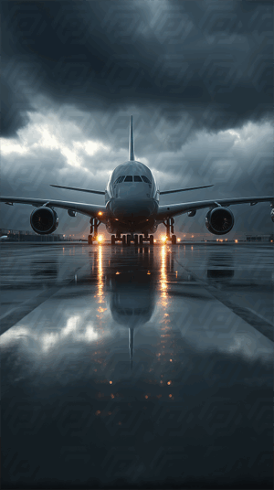 Commercial Airplane Ready for Departure During Stormy Weather