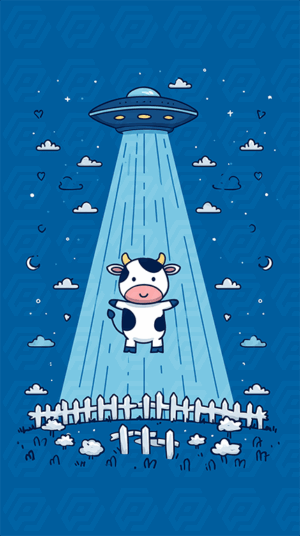 Cute Cartoon Cow Being Abducted by UFO on Starry Night