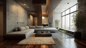 Modern Zen-Inspired Living Room with Indoor Water Feature and Concrete Walls