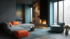 Contemporary Living Room with Teal Walls and Colorful Accents by the Fireplace