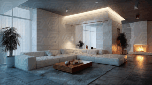 Minimalist Living Room With White Sofa and Modern Fireplace