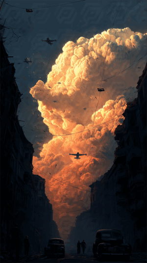 Planes Flying Over Apocalypse Cloud Above City Ruins