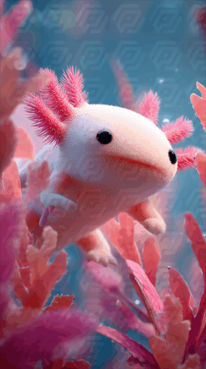 Cute Pink Axolotl Swimming Among Pink Plants