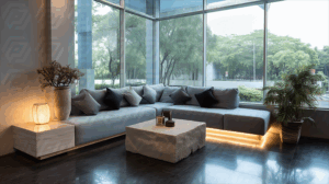 Bright Minimalist Lounge Area with Large Windows and Neutral Tones