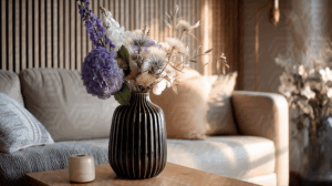 Purple and White Floral Bouquet in Black Vase