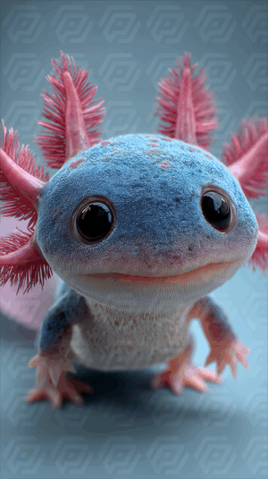 Blue And Pink Axolotl With Big Eyes Closeup