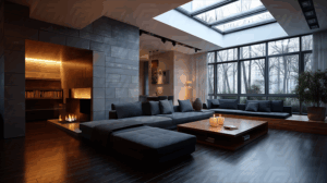 Cozy Luxury Living Room with Skylight and Fireplace in a Modern Home