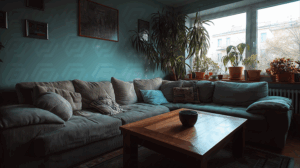 Cozy Living Room Interior with Cushions and Plants