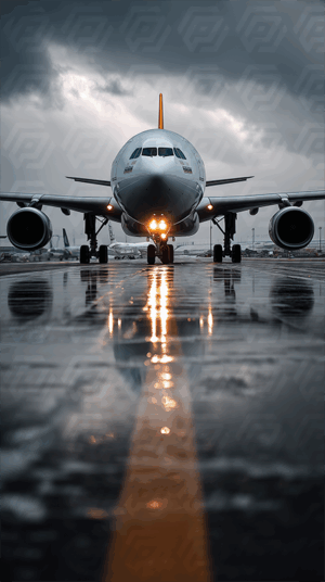 Large Passenger Airplane Reflected on Wet Runway Under Stormy Sky