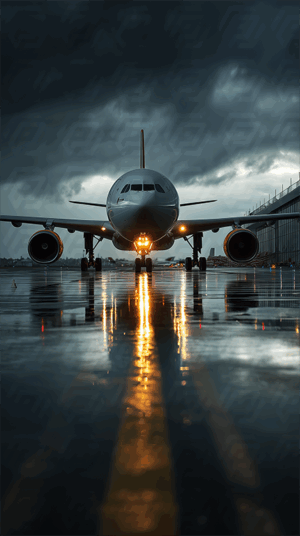 Commercial Jet Taxiing on Glossy Wet Runway with Storm Clouds