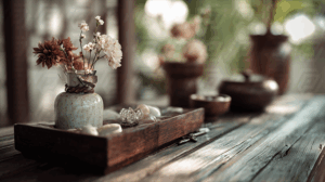 Decorative Flower Vase on Wooden Tray