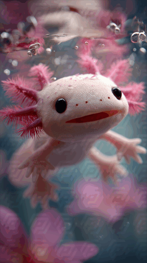 Playful Pink Axolotl Swimming with Flowers Underwater