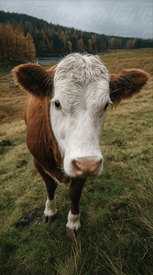 Young Calf Gazing In Autumn Meadow With Forest Backdrop