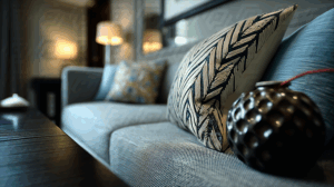 Elegant Sofa With Embroidered Decorative Pillows In Cozy Living Room