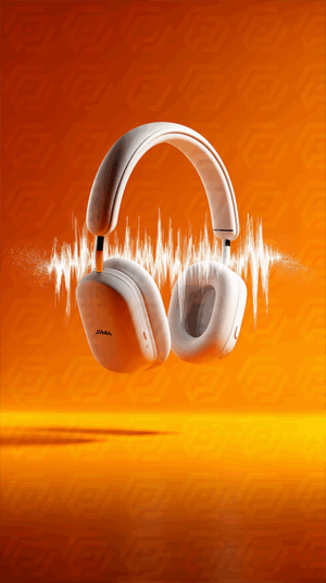 Modern Wireless Headphones with Sound Wave on Vibrant Orange Background