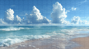 Tranquil Beach Scene With Rolling Waves and Puffy Clouds