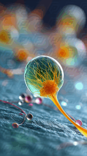 Microscopic Fantasy Cell With Neural Filaments In Glass Bubble